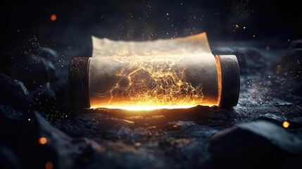 Ancient glowing scroll unrolling to reveal a magical map, narrative art, 3D illustration