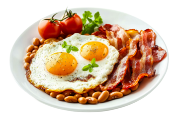 Delicious breakfast plate with eggs, bacon, beans, and fresh tomatoes served in a diner isolated on transparent background
