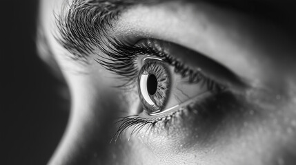 Fototapeta premium Close up of human eye looks intense with black and white tone, capturing depth and texture of iris and eyelashes