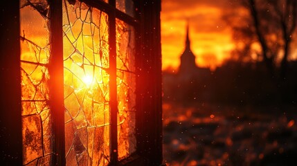 Fototapeta premium Sunset through cracked stained glass window, church background