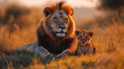 Fototapeta premium A lion and cub rest together in a grassy area