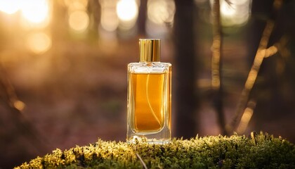 Elegant Blank Perfume Bottle Mockup with Gold Liquid in a Warm Temperature. Perfume with Forest Background and Natural Daylight.