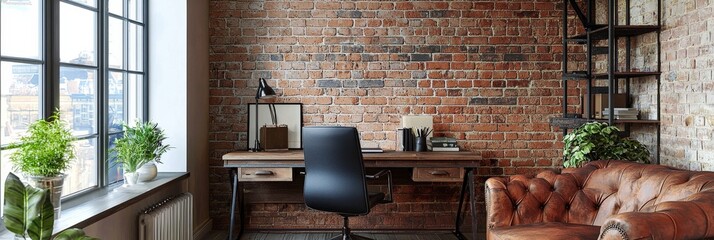 Brick wallpaper creating a rustic vibe in a stylish home office