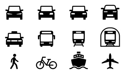 車・電車・人・自転車・船・飛行機の乗り物・交通手段のシンプルなベクターアイコンセット