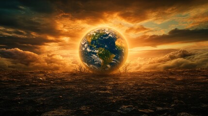 Stunning Artistic Representation of Earth Against Dramatic Sunset Sky