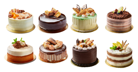 Decorated cakes in different styles and flavors isolated on transparent background