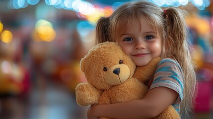 Sweet Young Girl with Two Ponytails Embracing a Soft Teddy Bear in a Colorful Play Area Filled with Bright Lights and Happy Vibes