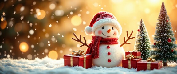 Winter Holiday Christmas Background Banner - Cute Funny Snowman, Gifts, and Colorful Bokeh Snowscape with Copy Space