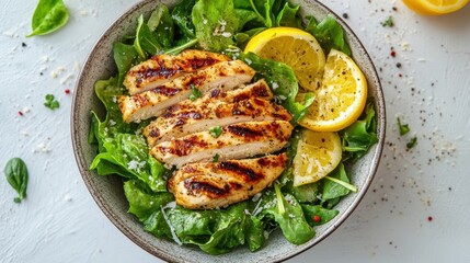 Grilled chicken breast slices atop fresh spinach salad with lemon wedges. Perfect for healthy eating, restaurant menus, or dieting content.