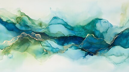 Abstract Teal Green Gold Ink Landscape Painting