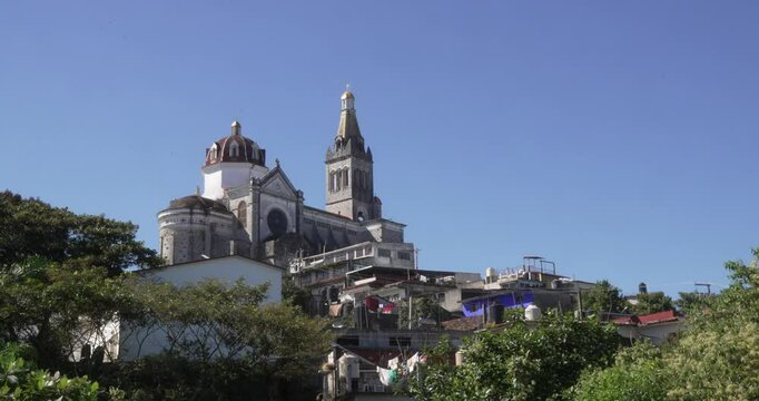 Wide shot of Cuetzalan Cathedral in Puebla