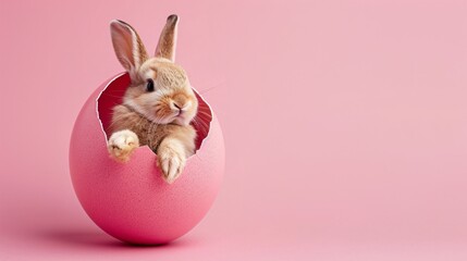 Obraz premium Easter bunny in eggshell on pink background with copy space.