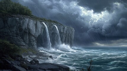 Fototapeta premium A dramatic coastal cliffside during a rainstorm, with waves crashing against the rocks and dark clouds rolling across the sky.