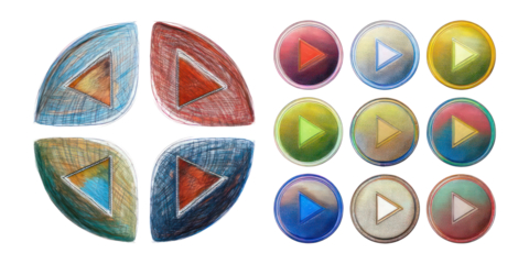 Colorful Play Button Icons and Shapes Design,PNG set collection, isolated on transparent background