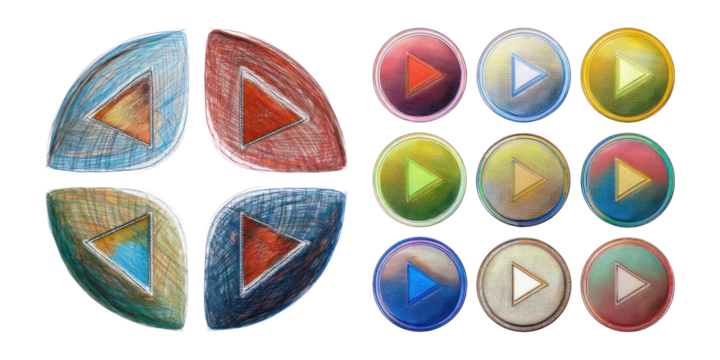Colorful Play Button Icons and Shapes Design,PNG set collection, isolated on transparent background
