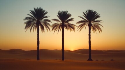 Three Palm Trees Silhouette Desert Sunset Landscape