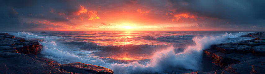 Fototapeta premium A coastline with a curved horizon captured with a fish-eye effect. Waves crashing against rocks and a vivid sunset add a sense of movement
