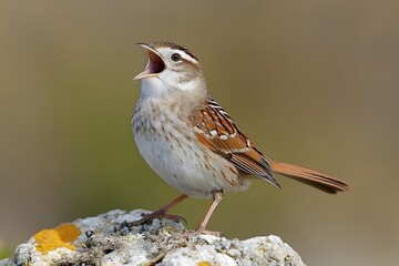 A small brown and white bird sings perched on a rock