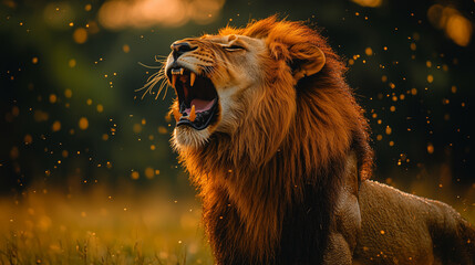 Fototapeta premium A lion roars, its mouth agape and teeth visible