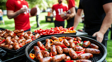 Grilling sausages and peppers at lively outdoor barbecue with friends. atmosphere is filled with excitement and delicious aromas, perfect for gathering