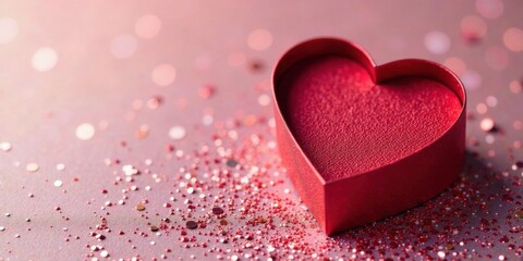 Obraz premium A crimson heart-shaped gift box rests on a bed of shimmering confetti, a symbol of affection and celebration.