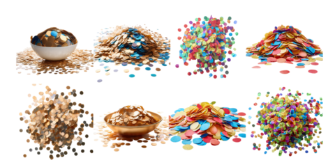 Colorful Confetti and Golden Coins on Transparent Background