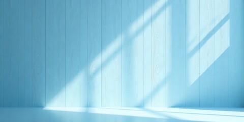 Light Blue Wooden Wall Background with Subtle Sunlight Shadows Ideal for Product Placement and Minimalist Designs