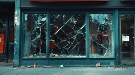 Broken glass storefront, shattered commercial windows with cracked glass facade, vandalism concept.