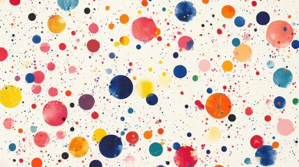 A scattered pattern of multicolored dots of various sizes randomly placed on a white background.