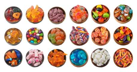 A diverse assortment of colorful candies and sweets in round bowls isolated on transparent background