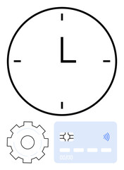 Clock, gear, and credit card symbolizing time, automation, and payments. Ideal for scheduling, productivity, financial planning, transactions workflow fintech abstract line flat metaphor