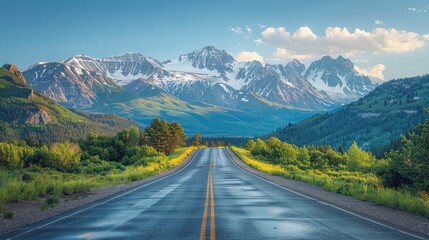 Scenic Open Road Leading to Majestic Snow-Capped Mountains