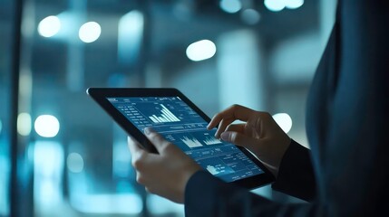 Business professional reviewing financial charts and data on a digital tablet. The image focuses on a business environment with modern technology and data visualization in the background