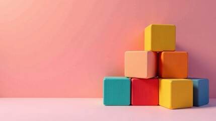Obraz premium Pastel-colored wooden blocks arranged in a pyramid shape against a soft pink background, suggesting concepts of growth, stability, and playfulness.