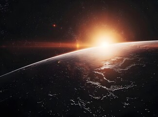 
A dark planet with the sun rising on the horizon, a dark space background