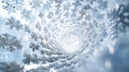 An abstract composition of thousands of snowflakes in varying sizes, forming a swirling, dreamlike winter vortex.