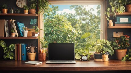 Fototapeta premium Serene Home Office Workspace Laptop Plants Books Window View