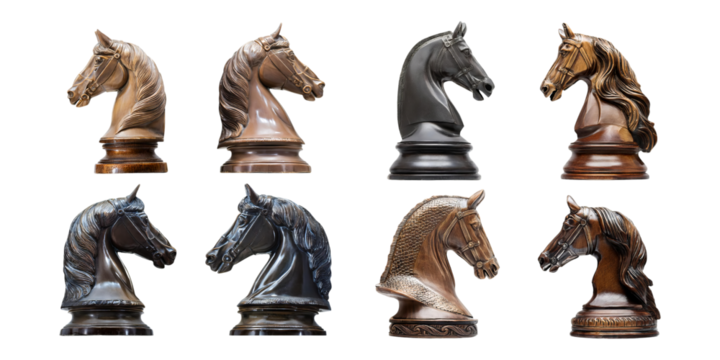 Elegant Chess Horse Sculptures in Various Finishes, PNG collection, set bundle, isolate on transparent or white background