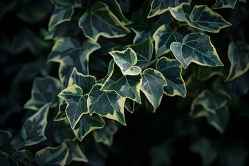 
A dense, dark green bush with leaves that have white stripes on the edges.