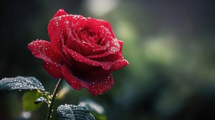 Raindrops on the petals of a vibrant red rose, the delicate water beads glistening in soft morning light. 