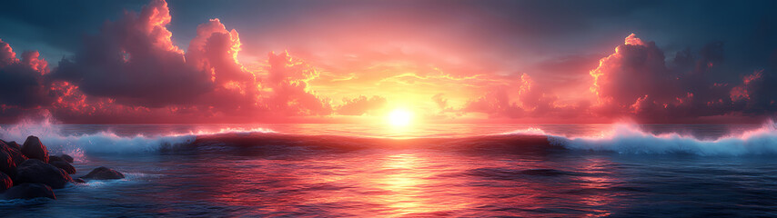 A coastline with a curved horizon captured with a fish-eye effect. Waves crashing against rocks and a vivid sunset add a sense of movement