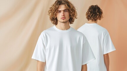 Male Model Posing Casually in a Minimalist Studio Setting Wearing a White T-Shirt