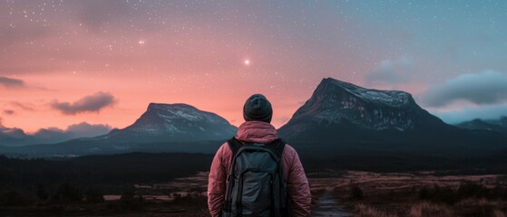 Obraz premium Starry Night Hike Backpacker Views Majestic Mountains
