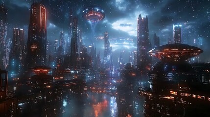 Fototapeta premium A futuristic cityscape with flying vehicles and a river at night.