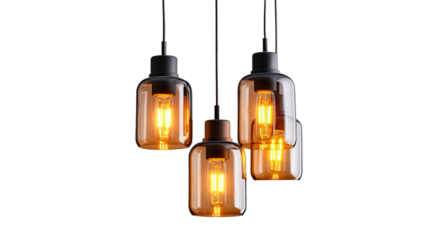 Modern ceiling lights with amber glass shades illuminating a contemporary interior space isolated on transparent background