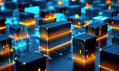 Futuristic Shipping Containers on Circuit Board - Digital Logistics Animation - Powered by Adobe