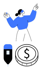 Woman holding a small object while gesturing, medical device for testing, and dollar coin. Ideal for health costs, testing accessibility, personal finance, diagnosis, decision-making, wellness