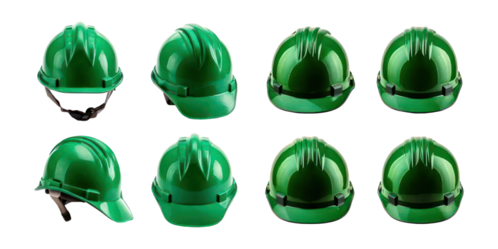 Variety of Green Hard Hats for Safety Use,PNG set collection, isolated on transparent background