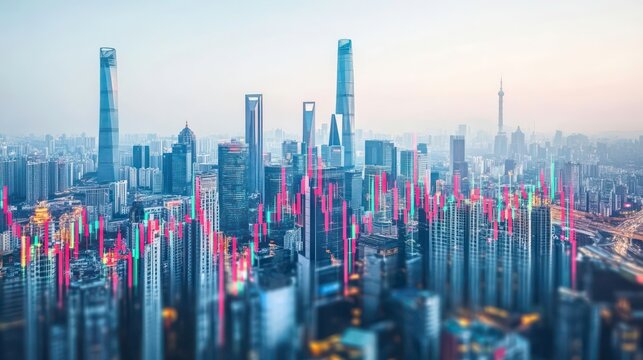 Cityscape Skyline With Overlaid Stock Market Charts, Business Growth, Investment, Finance