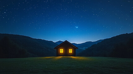 A large sky with a small glowing wooden stable in the corner under a dark blue starry night, representing the birth of Jesus Christ with a minimalistic bright tone and empty space for text

